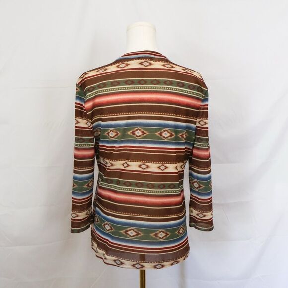 Chaps Southwestern Print 3/4 Sleeve Ruffled Mesh Lace-Up Top XL - Picture 4 of 6